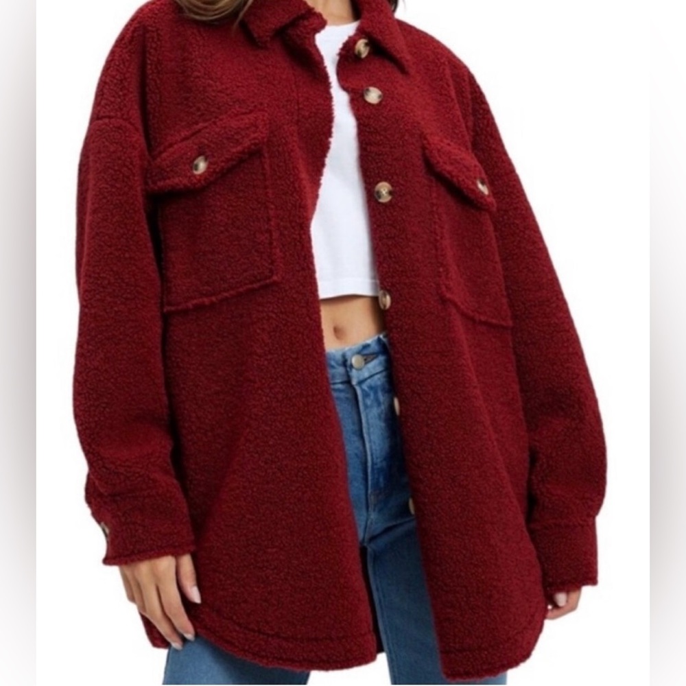 NWT Good American Sherpa Shacket Burgundy Size XXS/XS Runs Big